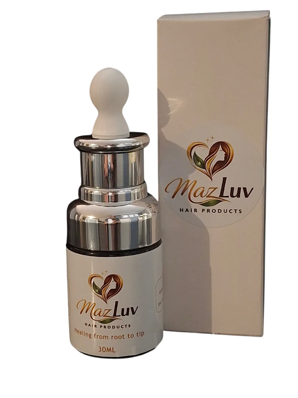 A white 30ml dropper bottle with a metallised silver collar and shoulder, labelled MazLuv Hair Products, standing beside its printed outer carton.